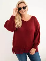 Moteriškas Plus Size megztinis su nėriniuota apačia, bordo spalvos