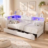 Dvigulė lova 90x200 cm - su LED ir USB - 2 stalčiais - galima montuoti iš abiejų pusių - lininė - balta