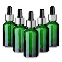 Žalia 30 ml stiklinė butelė su sidabrine aliuminine pipete, silikoniniu siurbtuku, rinkinys 5 vnt.