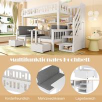 Multifunkcinis Hochbett 90x200 cm, 2in1 lova ir stalas, stalčių kopėčios, dekoratyvinis turėklas su žvaigždėmis ir mėnuliu, balta