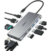 Aukey USB-C šakotuvas CB-C89, 10 viename, RJ45 10/100/1000Mbps, 4x USB, HDMI 4K@30Hz, SD/microSD, USB-C PD 100W, sidabrinis