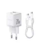 Baseus Palm 20W sieninis įkroviklis, 1x USB-A + 1x USB-C, QC3.0/PD3.0, su 1 m USB-C kabeliu, baltas (P10111608213-01)