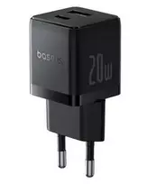 Baseus 20W USB-C ir USB-A sieninis įkroviklis su PD 3.0 ir QC 3.0, EU kištuku, juodas