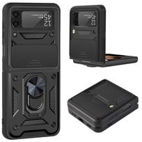 Armor Shockproof Case for Samsung Z Flip 6 5 Magnetic Car Ring Holder Stand Back Case Slide Lens Cover for Galaxy Z Flip 3 4 5G For Galaxy Z Flip 5 black