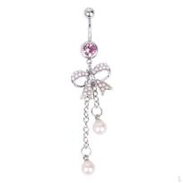 Crystal Barbell Butterfly Bow Pearl Dangle Navel Belly Ring Jewelry white