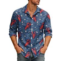 Men's Lobster Print Long Sleeve Hawaiian Shirt Button Down Collar Casual Beachwear Shirt for Summer Vacation and Outdoor Activities L geltona