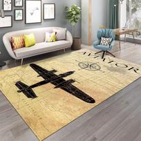 Aviator Theme Carpet Black Airplane Map Design Retro Compass Pattern Large Area Rug for Living Room Home Decor 40X60CM gray