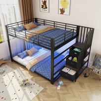 Dviaukštė lova 140x200 cm suaugusiems, Metalinė dviaukštė lova su kopėčiomis, Sandėliavimo vieta, LED juostele ir rozete, Lankstiai montuojama kairėje arba dešinėje, Juoda 251 x 145 x 145 cm juoda