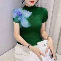 Chic Hong Kong Style Sweet & Spicy Print Top: Summer Trendy Short Sleeve T-shirt for Women L žalia