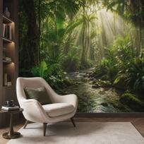 Lush Tropical Jungle Stream Sunlight Rainforest Wall Mural Nature Wallpaper Sofa Background Decor, Non Self-Adhesive 100X70CM gray