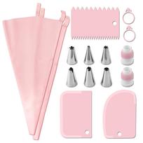 Piping Bags and Tips Set Cake DIY Decorating Kit with Stainless Steel Nozzle Reusable Silicone Pastry Cake Decorating Tools rožinė