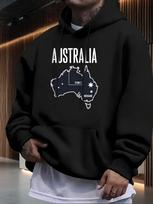 Casual Fleece Hoodie with Australia Map Graphic Print - Black Regular Fit All-Season Comfort L black