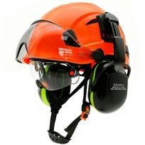 Saugos šalmas su įmontuotais skydeliais ir akiniais, kontrastingos spalvos, ausinės triukšmo slopinimui, inžinieriaus apsauginis šalmas, ANSI pramoninis darbo dangalas Orange Big Hole