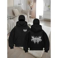 Neutral Red Hooded Zipper Jacket with White Skull and Flower Design - Fashionable Long Sleeved Casual Men's and Women's Outerwear Casual Jacket XXXL gray