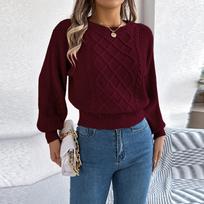 Women's Fashion Color Cable-knit Long-sleeved Waist Pullover Sweater M