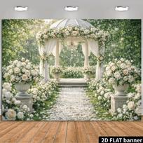2D Outdoor Wedding Ceremony Backdrop, White Floral Gazebo Photography Background 70.9x43.3inch/180*110cm gray