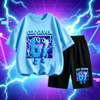 Men's Cartoon 67 Fun Printed 15 Colors Outdoor Street Men's T-shirt and Shorts 2 Piece Set Summer Casual Outfit Men's and Women's Sports Set 6XL black