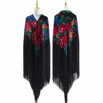Elegantiškas ilgas kutuotas bijūno gėlės šalis skara - Etninio retro stiliaus, 50cm. 240cm x 240cm juoda