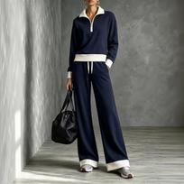 Women's Two Piece Collar Sweatshirt and Wide Leg Pants Set M tamsiai mėlyna