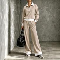 Women's Two Piece Collar Sweatshirt and Wide Leg Pants Set M chaki