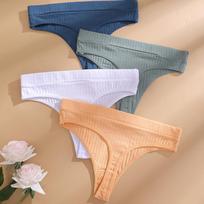 FINETOO 4Pcs/Set Women Cotton Thongs Panties Female Ribbed Low Rise G-String Ladies Sexy Bikini String Girl Soft S-L Intimates L&Set white