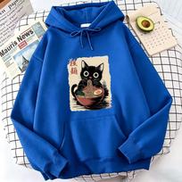 Retro Japanese Style Ramen Cat Hoodie Manga Cat Sweatshirt Cute Hoody Autumn Winter Casual Hoodies Clothes M