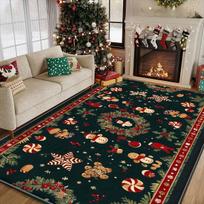Red Green Christmas Carpet Gingerbread Man Rug Reindeer Snowflake Mat Vintage Border Home Decoration Living Room Floor Mat 80X120CM brown