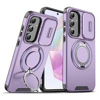 Magnetinis telefono dėklas, skirtas Samsung Galaxy A55 A56 A36 A26 A54 A14 A35 A25 A15 A16 5G, su sulankstomu laikikliu, slankiojančia kameros apsaugos dangteliu Galaxy A36 violetinė