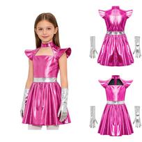Vaikų Mergaičių Ateivio Roboto Kostiumas Skraidančia Rankove Metalinis Blizgantis Suknelė su Pirštinėmis Helovino Kosmoso vakarėliui Cosplay Apsirengimui 5-6 Years rožinė raudona spalva