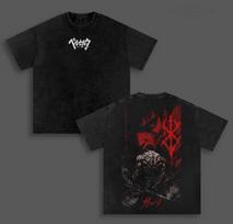 Japanese Manga Berserk Guts T-shirt Y2k Vintage Washed Oversized T Shirt Summer Short Sleeve Polyester Tees Clothes Men Clothing 2XL juoda
