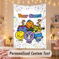 Custom Personalized Tapestry,Mr. Men & Little Miss Print Custom Name Text Wall Art Hanging for Bedroom 130cmx150cm