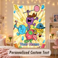 Custom Personalized Tapestry,Mr. Men & Little Miss Print Custom Name Text Wall Art Hanging for Bedroom 150cmx200cm