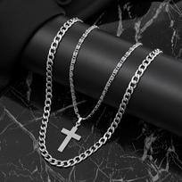 Nerūdijančio plieno karoliai Personalizuoti kryžiaus karoliai Kubietiška grandinėlė Aukščiausios klasės titano plieno papuošalai Dviejų dalių rinkinys Steel color two-piece set black