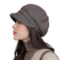 Women Beret Retro Thick Solid Color Casual Curled Edge Keep Warm Elegant Short Brim Octagonal Cap for Daily Wear kava