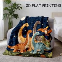 1 vnt. Tamsiai mėlynos nakties dangaus pliušinis dinozaurų patchwork pledas, Realistiškas 3D pliušinis pojūtis, Braachiosaurus, Pterodactyl, Paparčio lapas, Visų sezonų, minkštas ir šiltas, Tinka f 75X95CM black