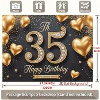 1pc Birthday 35th Glitter Balloon Elegant Hanging Banner Black Golden Polyester 31.5inch|x|47.24inch brown