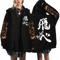 Haikyuu grafiniai švarkai su užtrauktuku Megztiniai Anime Manga Y2k Gothic Užsegami gobtuvai Karasuno Fly High Harajuku gatvės apranga L black