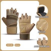Half Finger Gym Gloves Weightlifting Dumbbell Training Anti-Slip Fitness Gloves with Wrist Support Workout Crossfit Exercise L beige
