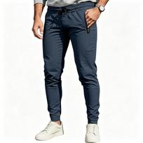 Men's Athletic Jogger Pants Elastic Drawstring Waist Zippered Side Pockets Ribbed Ankle Cuffs, Tapered Slim‑Fit Lightweight Training & Casual Trousers M tamsiai mėlyna spalva