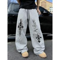 Men's Retro Cross‑Pattern Print Wide‑Leg Casual Trousers 2XL pilka