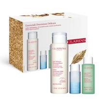 Veido priežiūros rinkinys Clarins Essentials Delicate: valomasis pienelis, 200 ml + tonikas, 50 ml + akių makiažo valiklis, 30 ml