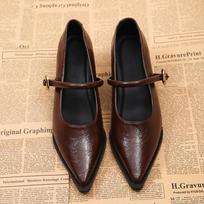 Premium Leather Mary Janes - French Vintage Pointed Toe Pumps Chunky Heel Single Strap Shoes Buckle Decor 40 tamsiai ruda spalva