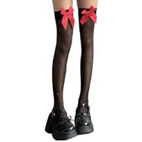 Womens Thigh High Stockings Nylon Stockings Halloween Cosplay Costume Red Heart Over the Knee Socks with Bowknots Gifts juoda