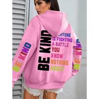 Būkite Malonūs Hoodies Moterims Raidžių Spaudiniai Žieminiai Šilti Su Gobtuvu Gatvės Kišenė Laisvi Megztiniai Laisvalaikio Universaliai Tinkančios Moteriški Drabužiai 6XL pink