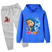 PB1346 Children Fashion Casual Girls Masha Bear Printed Long Sleeves Hoodie Trousers Sets 130cm blue