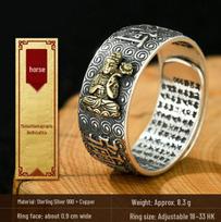 Yin Taifei Retro Thai Silver Zodiac Openable Ring with Birth Year Buddha Heart Sutra - Unisex Guardian Deities Design Adjustable white