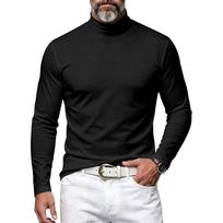 Men Slim Turtleneck Long Sleeve Shirt Soft High Fold‑Over Mock Neck Ribbed Cuffs Lightweight Breathable Base Layer Casual Layering Pullover Top S black