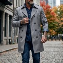 New Double Breasted Mid-length Men's Thin Windbreaker Jacket, Casual Open Front Outerwear for Spring Autumn, European American Style M gray