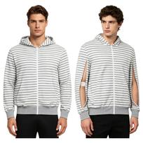 Men Full Zip Dialysis Hoodie Long Sleeve Arm Zipper Hemodialysis Sweatshirt Striped Jacket with Pockets for Medical Treatment XXL pilka