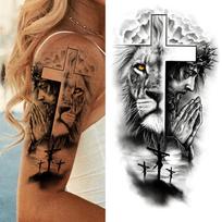 Kryžiaus liūto laikinos tatuiruotės moterims, vyrams, vaikams, suaugusiems, juodos gyvatės dievo tatuiruotės, tikroviškos netikros piktojo demono 3D gėlių tatuiruotės lipdukas black
